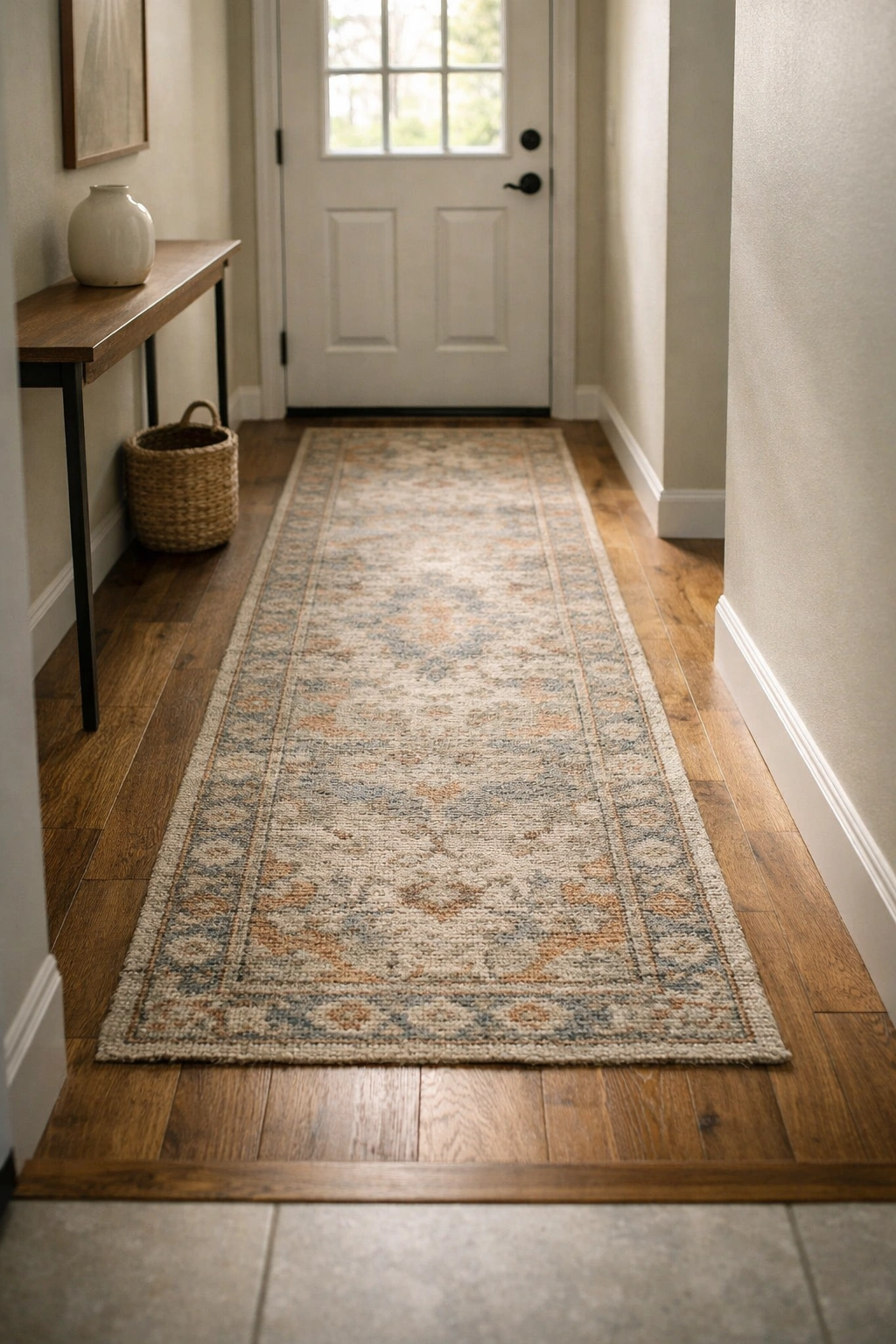 A home entrance with a patterned runner rug and simple layered decor.