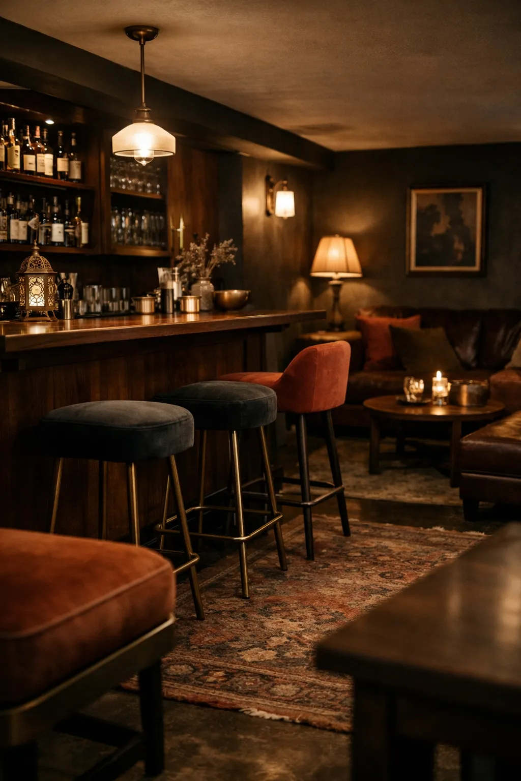 An Animal Crossing basement designed as a hidden speakeasy with a bar, stools, and moody decor.