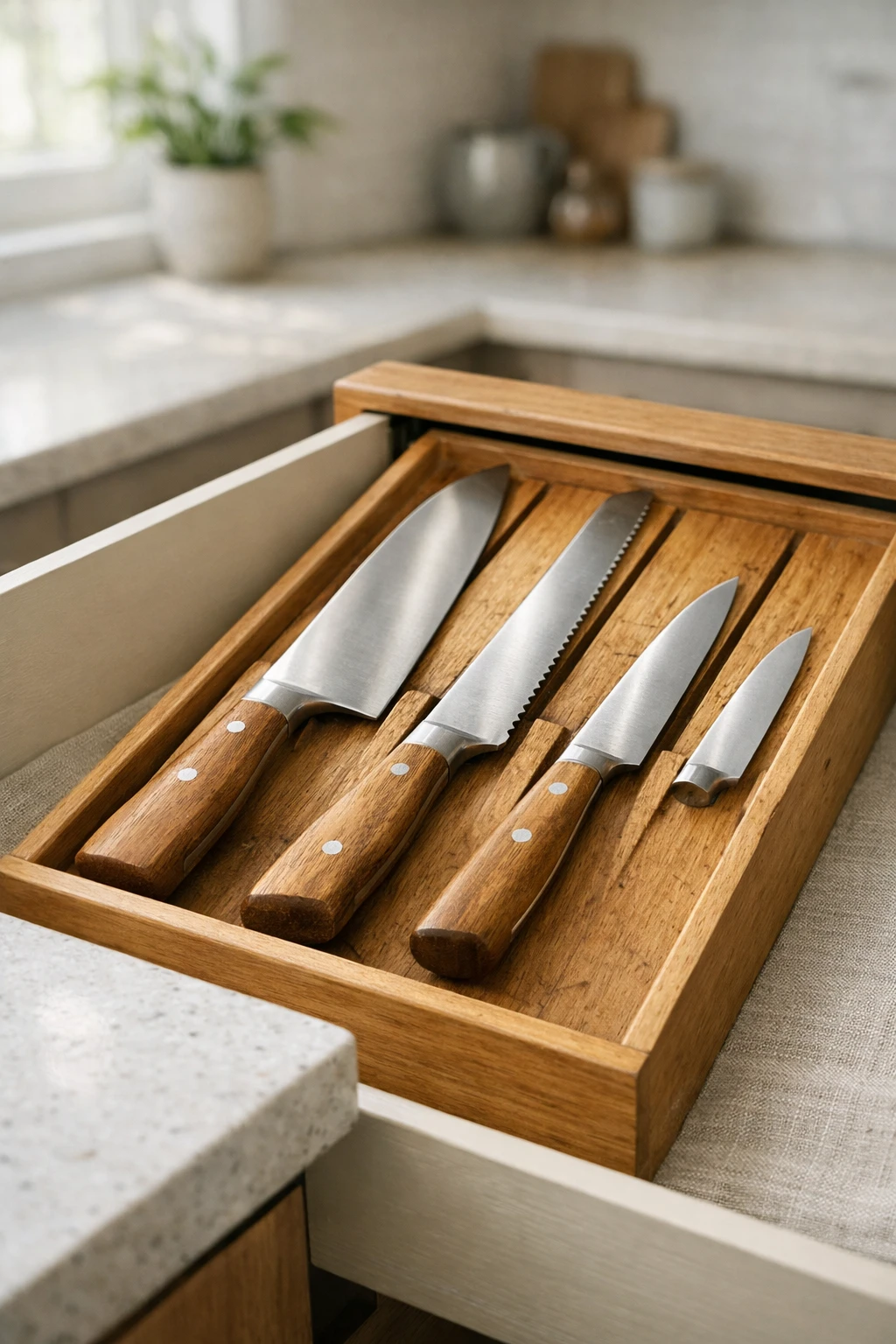 Kitchen drawer with a wooden knife insert neatly storing chef knives and kitchen knives.