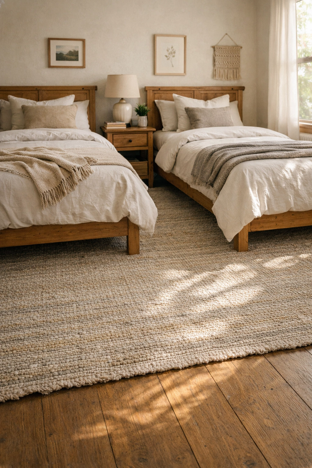 A large area rug under twin beds adds softness and warmth to a cozy guest bedroom.