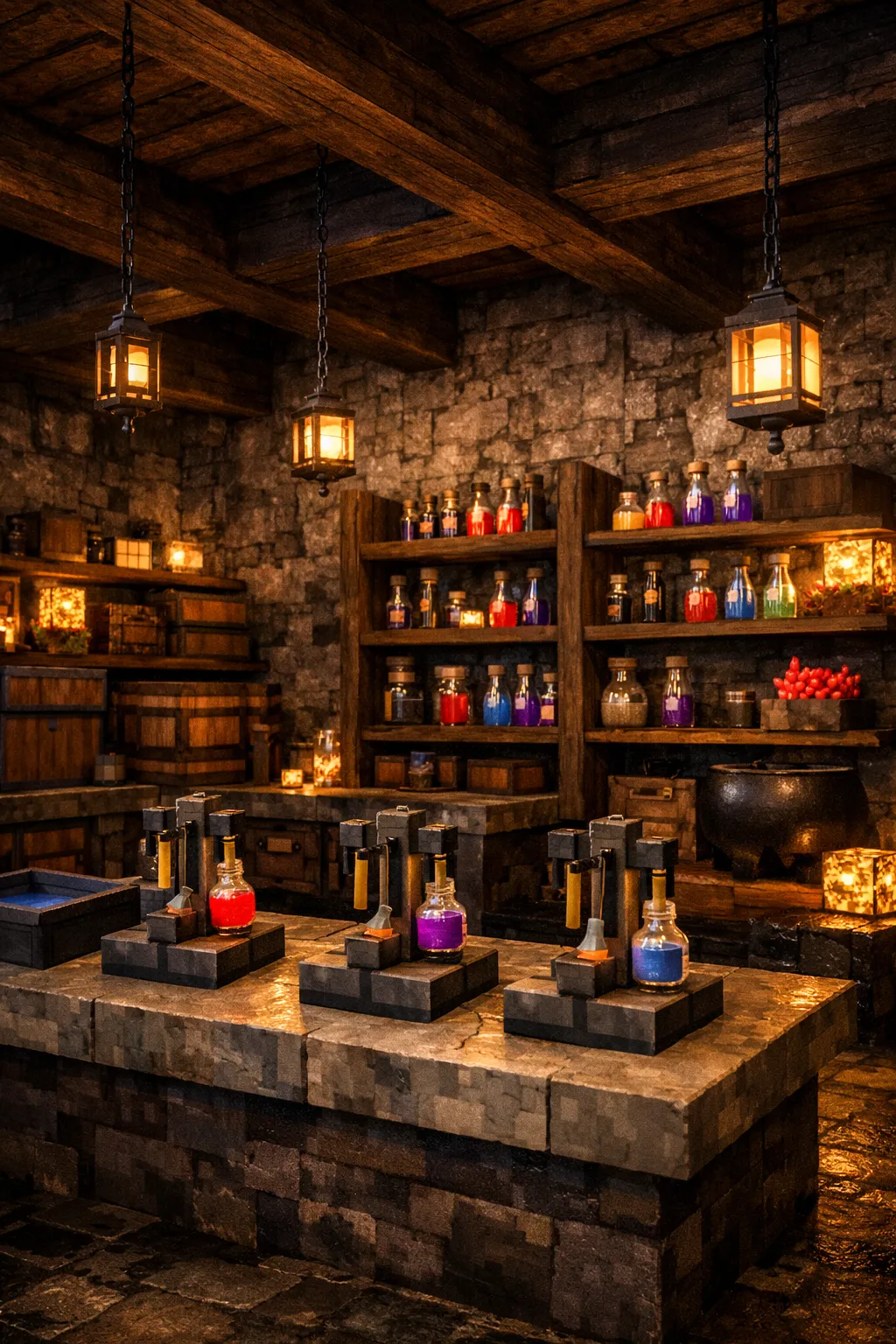 underground Minecraft brewing room with brewing stands and potion storage
