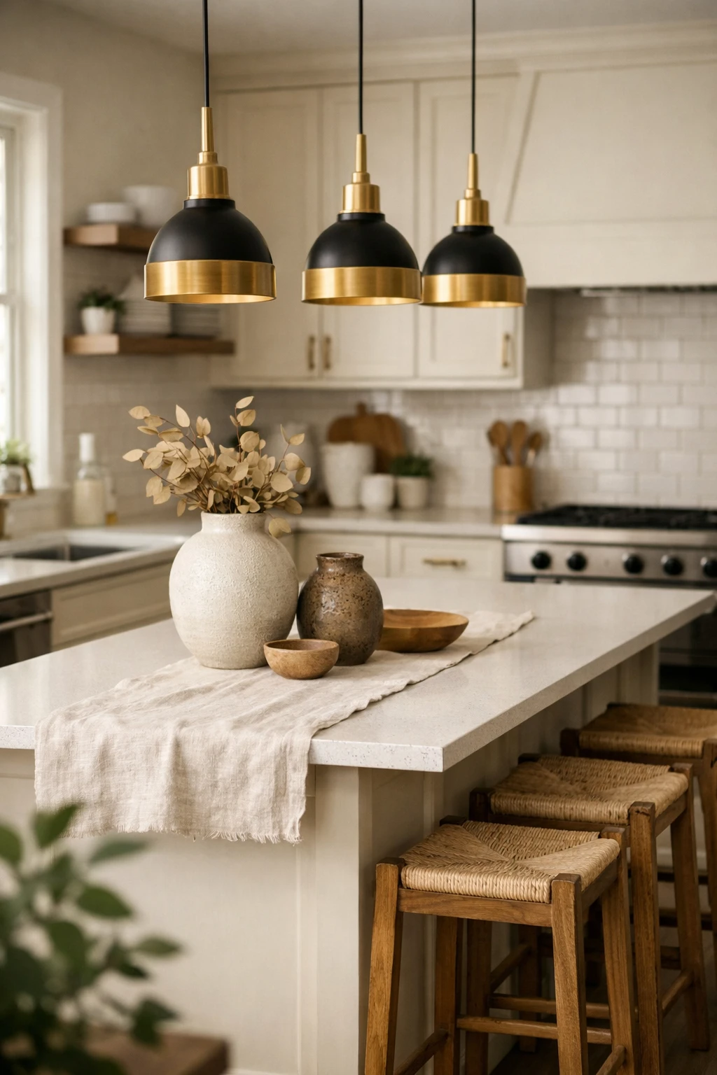 Brass and black mixed metal pendant lights over neutral kitchen island