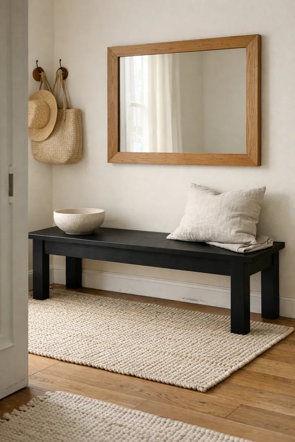 A modern front entryway with a black bench, textured rug, warm wood accents, and soft decor.