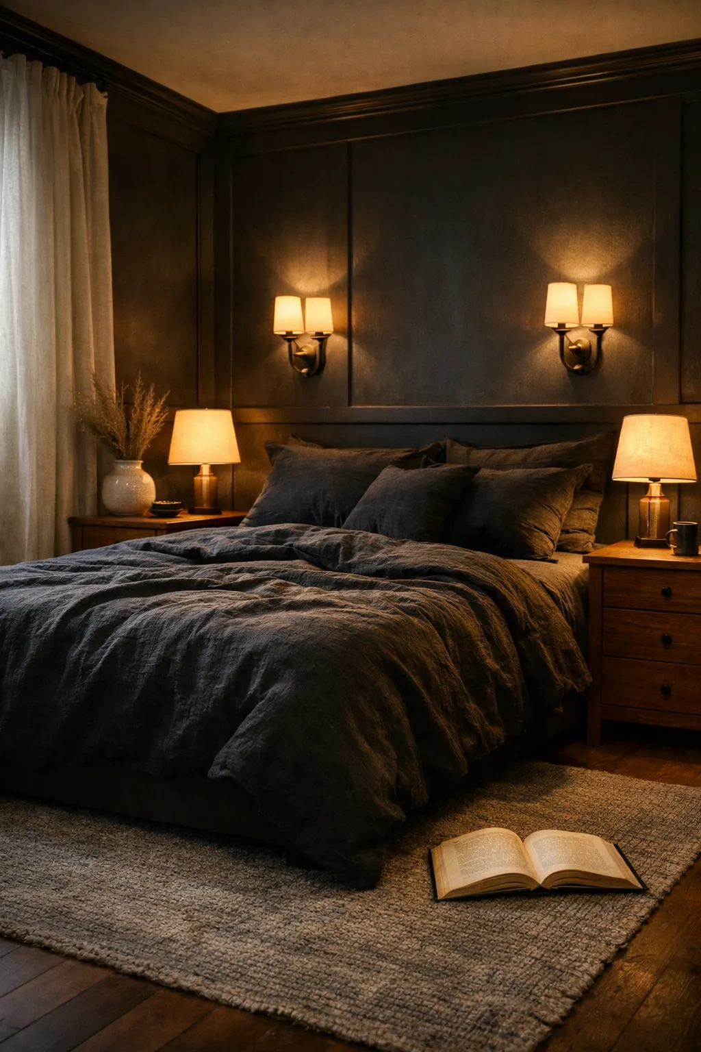 A dark bedroom with warm bedside lamps, sconces, and soft layered lighting.