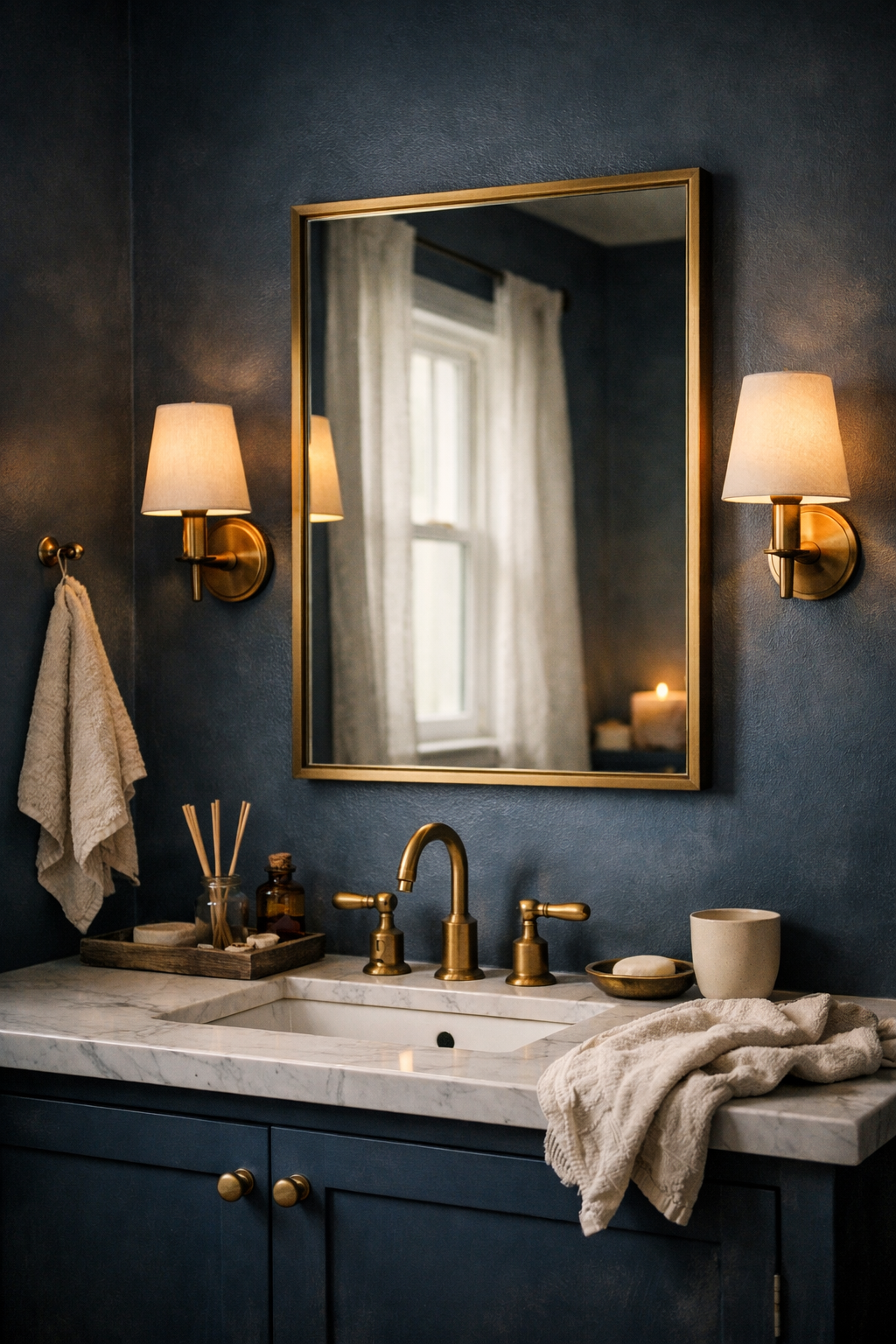 A moody blue bathroom with brass faucet, brass sconces, and warm elegant styling.