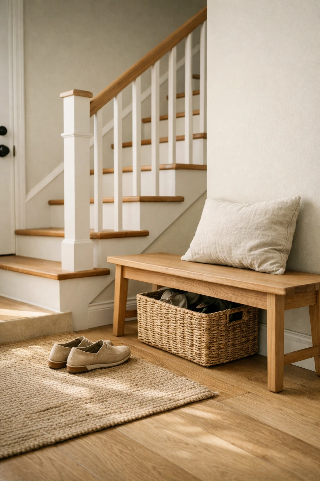 A tight entryway with stairs featuring a slim bench and soft neutral decor.