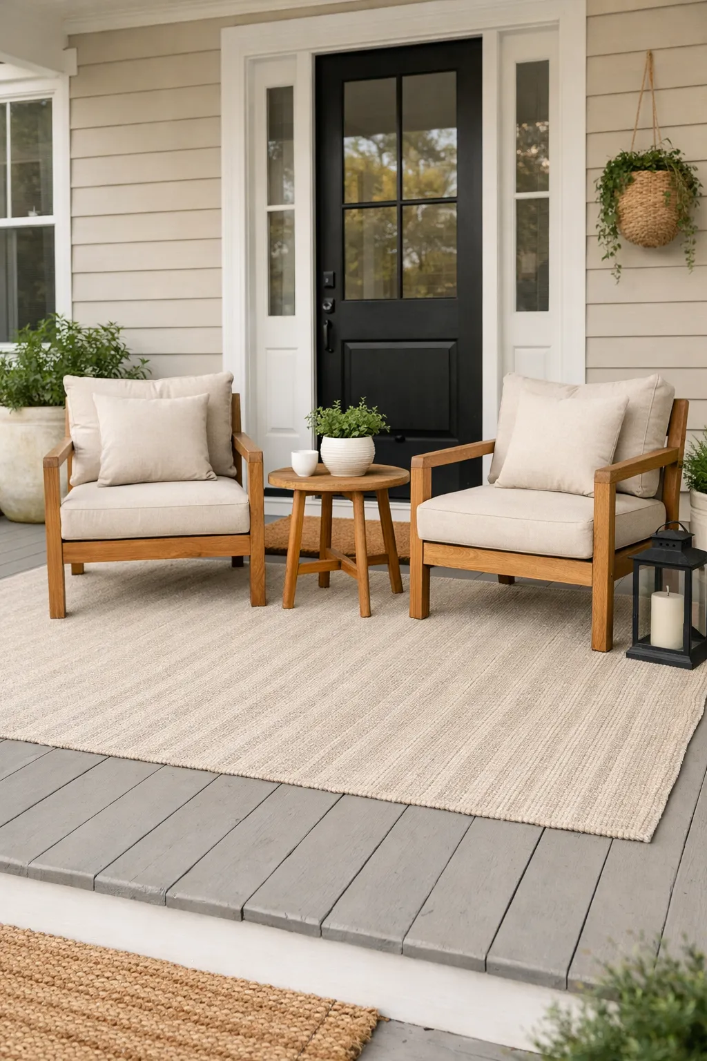 A double wide front porch with a large outdoor rug anchoring a cozy seating area near the front door.