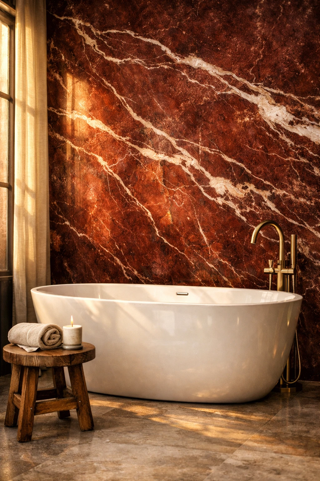 Freestanding white bathtub placed in front of a dramatic red marble feature wall.