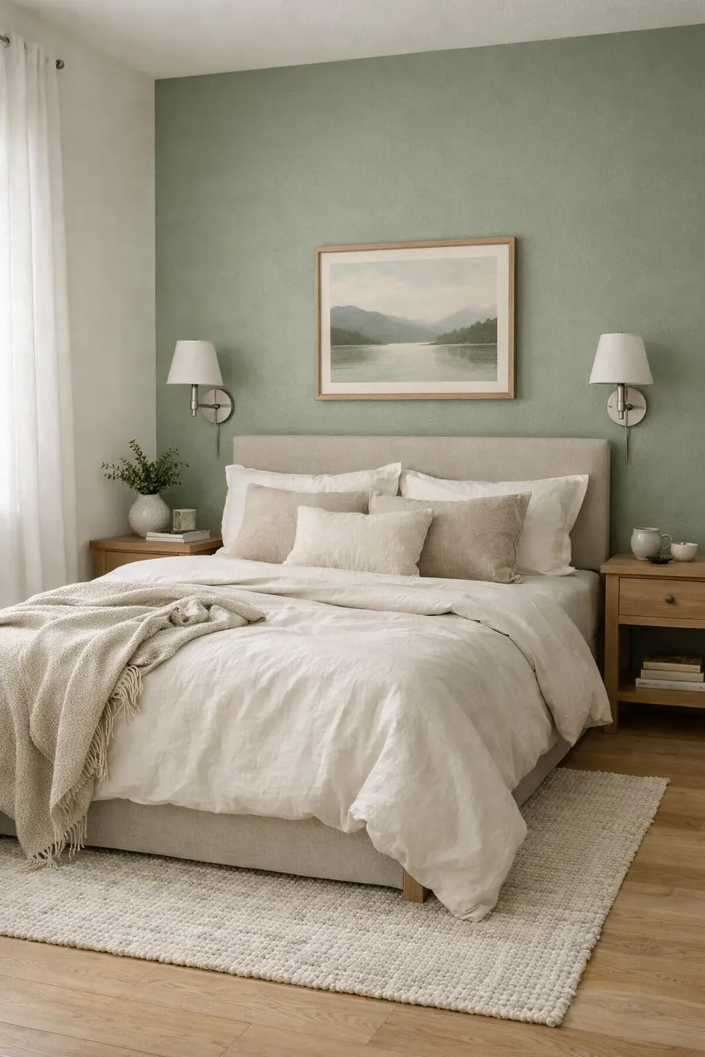 A bedroom with a sage green accent wall behind the bed, white bedding, and simple modern decor.