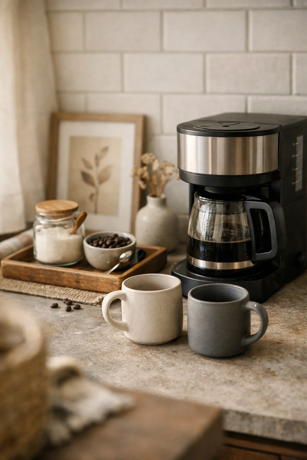 A compact coffee station with mugs, coffee maker, and small tray on a styled kitchen counter.