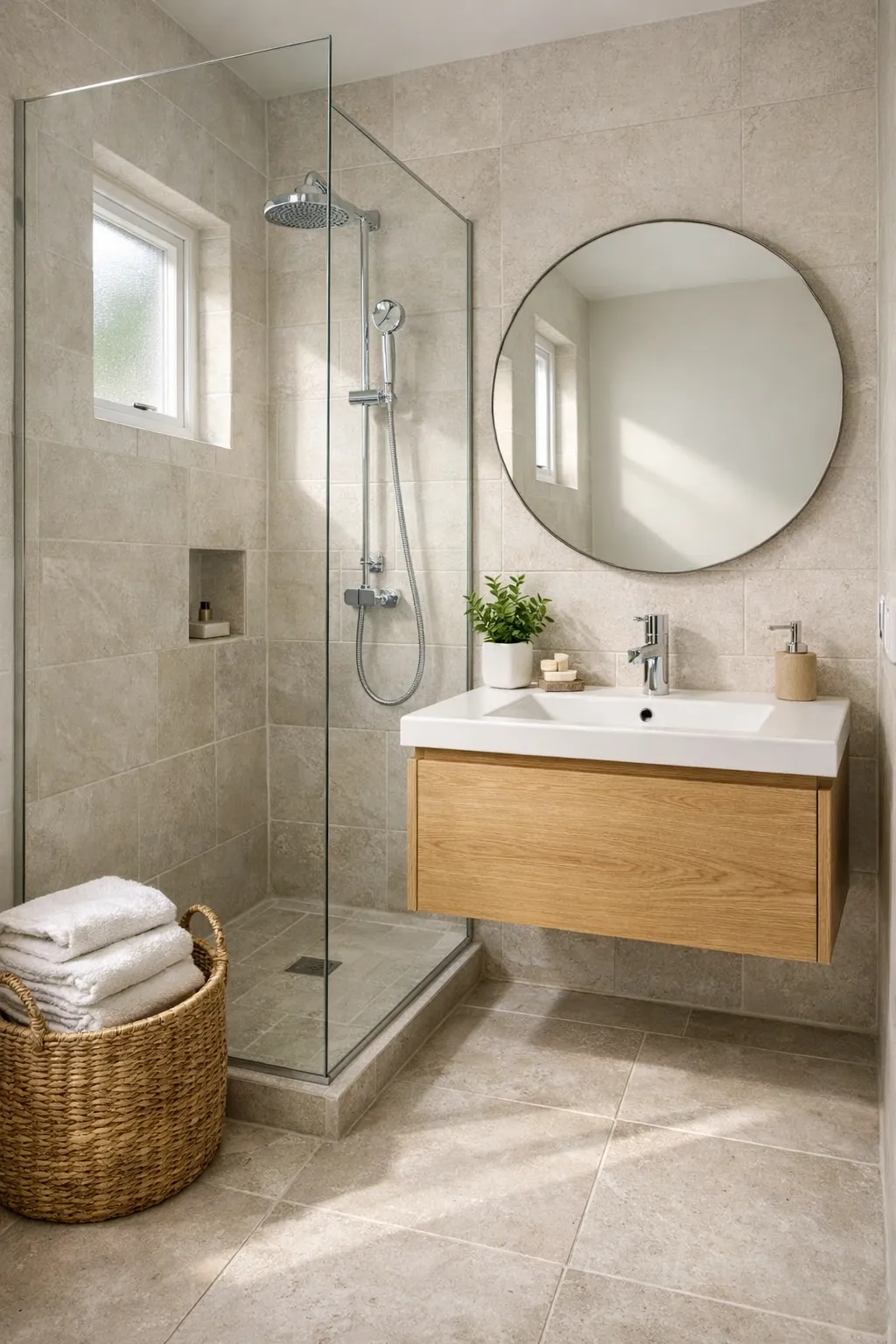A compact en suite bathroom with a wall mounted vanity and glass shower.