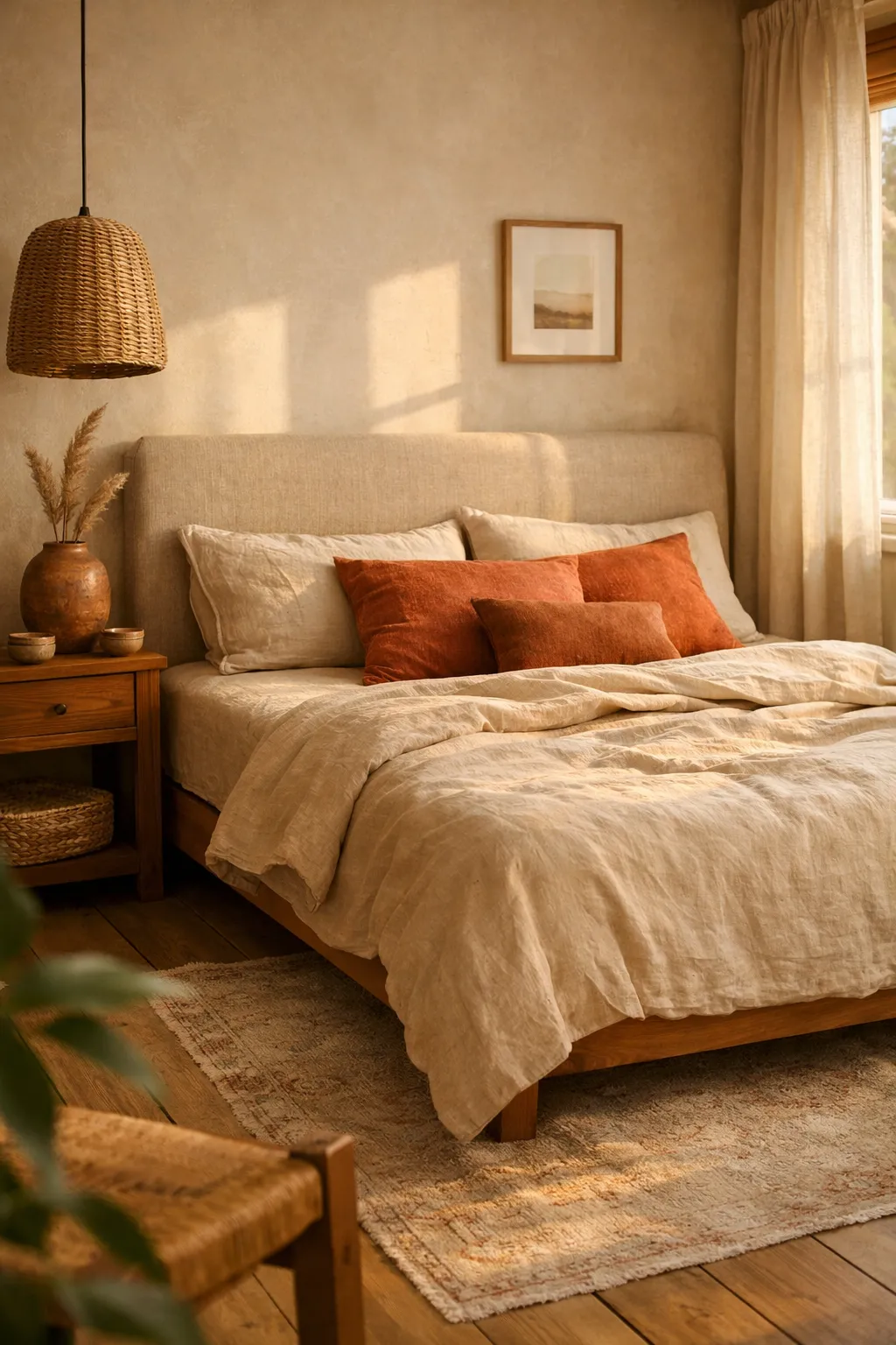 A warm bedroom with terracotta accents, sand-colored bedding, and earthy natural materials.