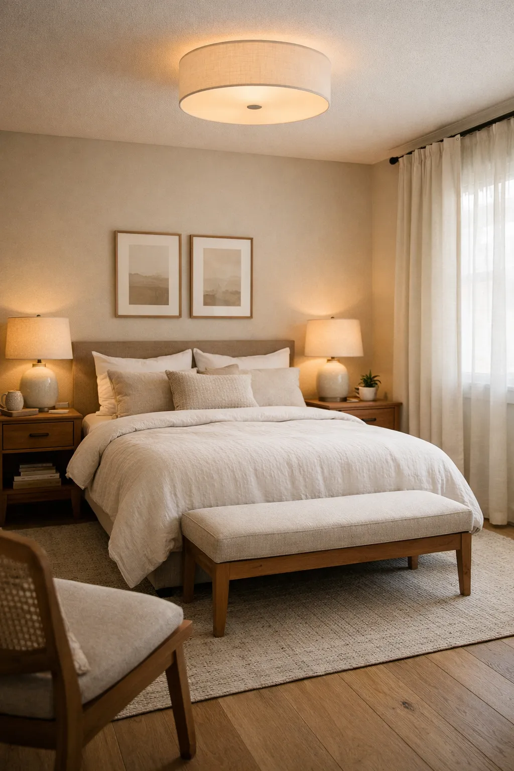 A guest bedroom with warm layered lighting from bedside lamps, a ceiling light, and soft filtered daylight.