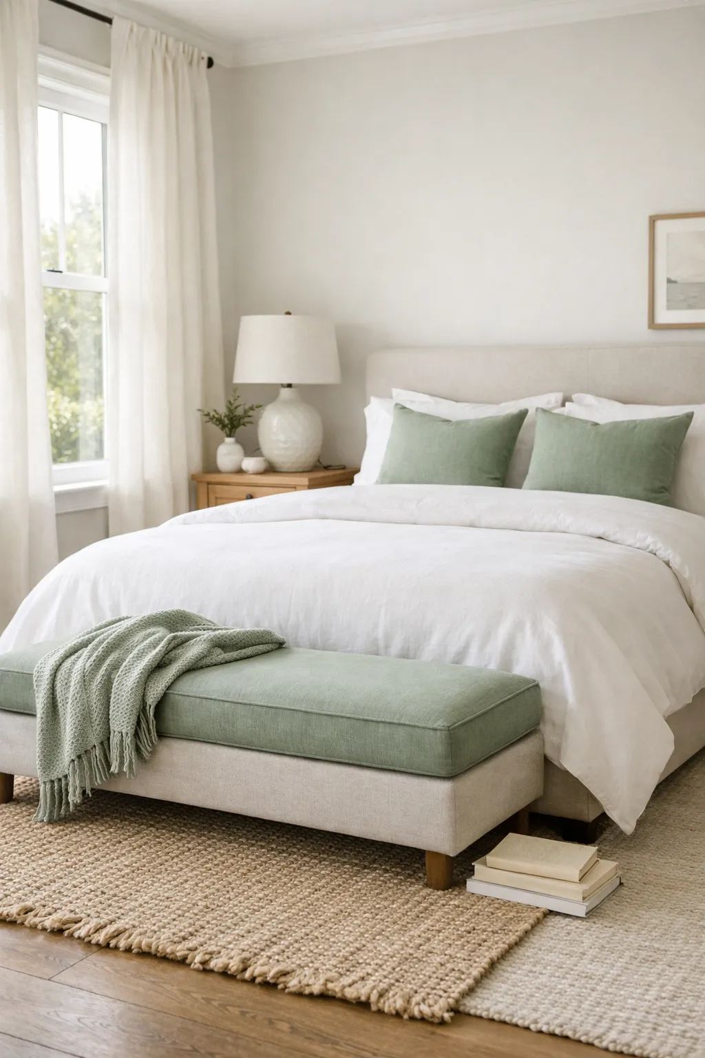 A bright bedroom with sage green accents, white bedding, cream curtains, and airy natural daylight.