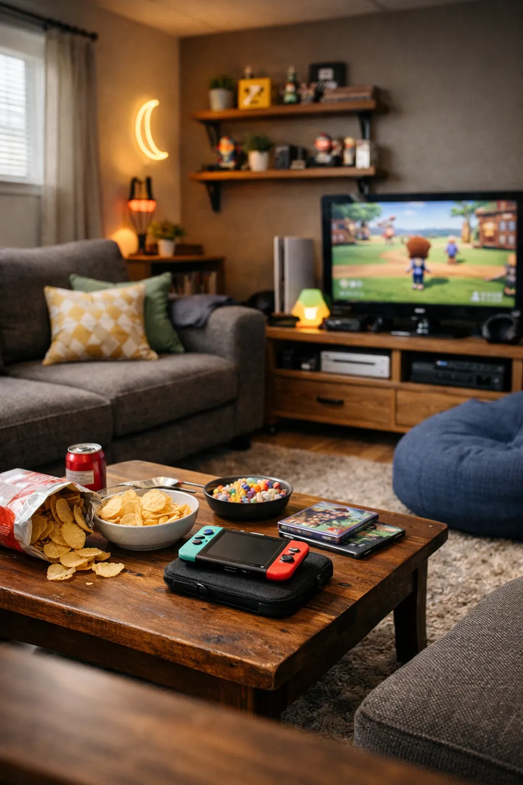 A casual Animal Crossing basement styled as a gamer hangout with a sofa, TV, and snack table.