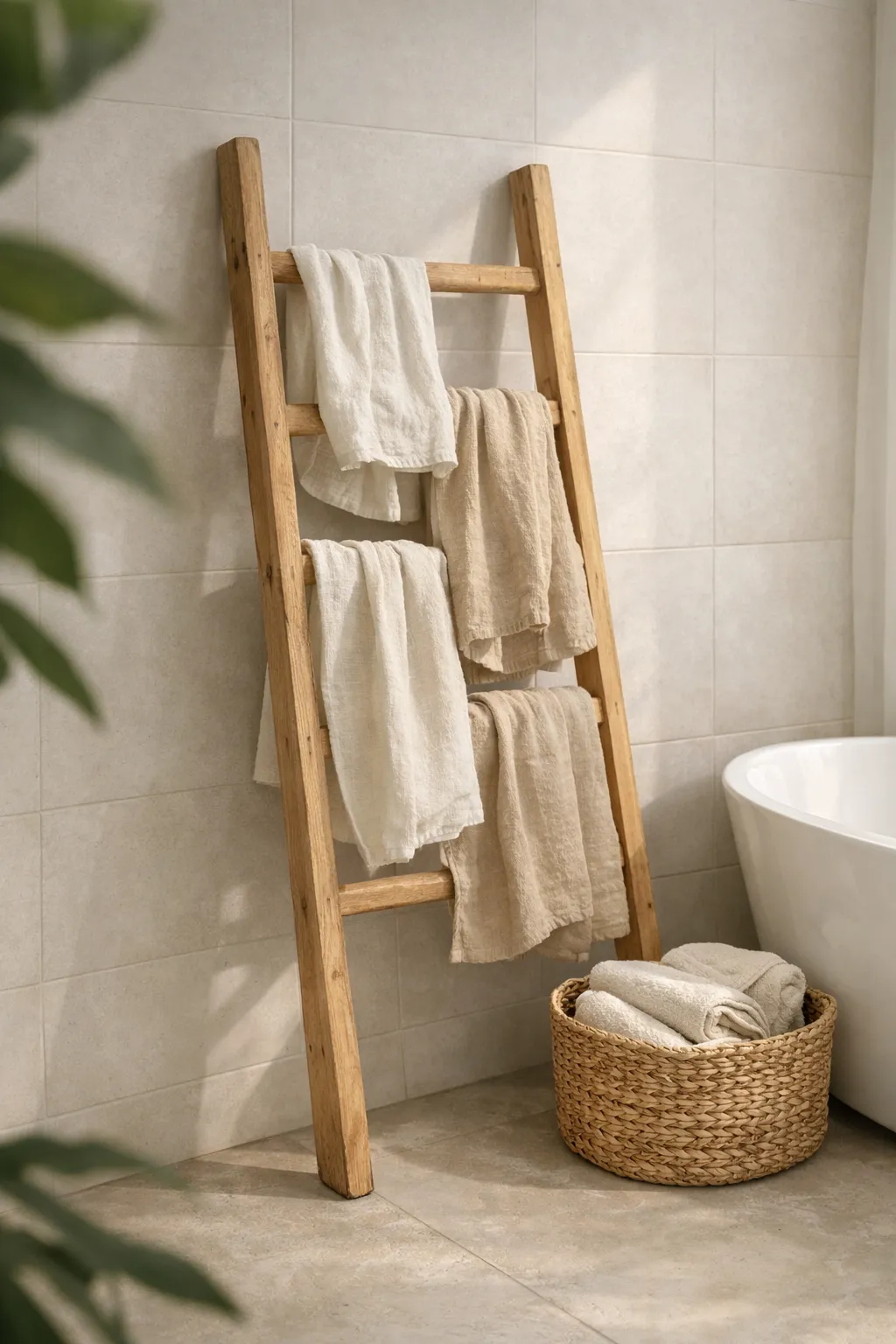Leaning wooden ladder rack holding towels in a small modern bathroom.