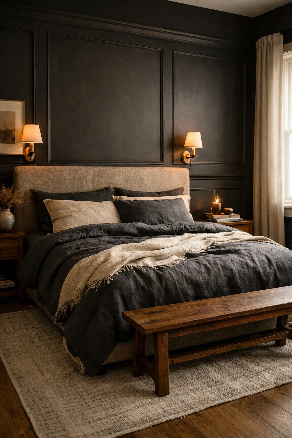 A black bedroom with wall paneling, warm bedding, and elegant moody styling.
