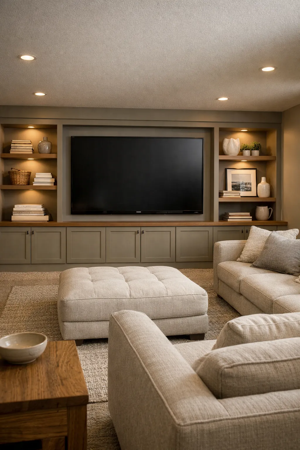 A basement theater with a custom built-in media wall and warm neutral decor.