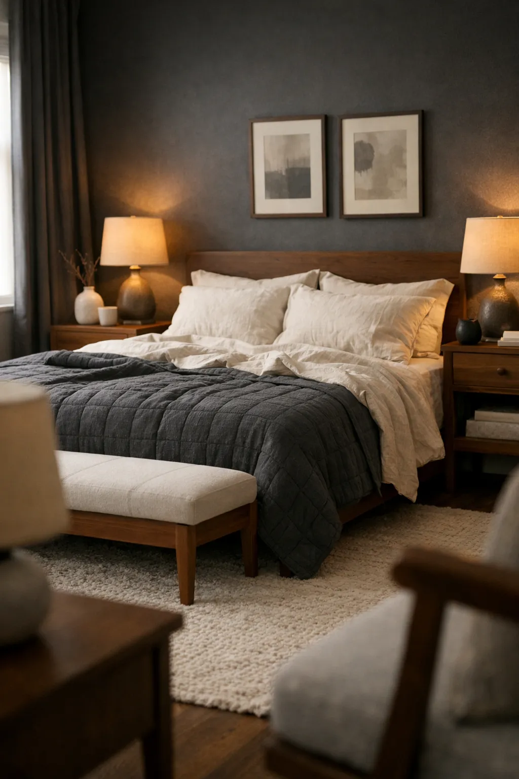 A moody bedroom with charcoal bedding, ivory accents, warm wood details, and soft lighting.