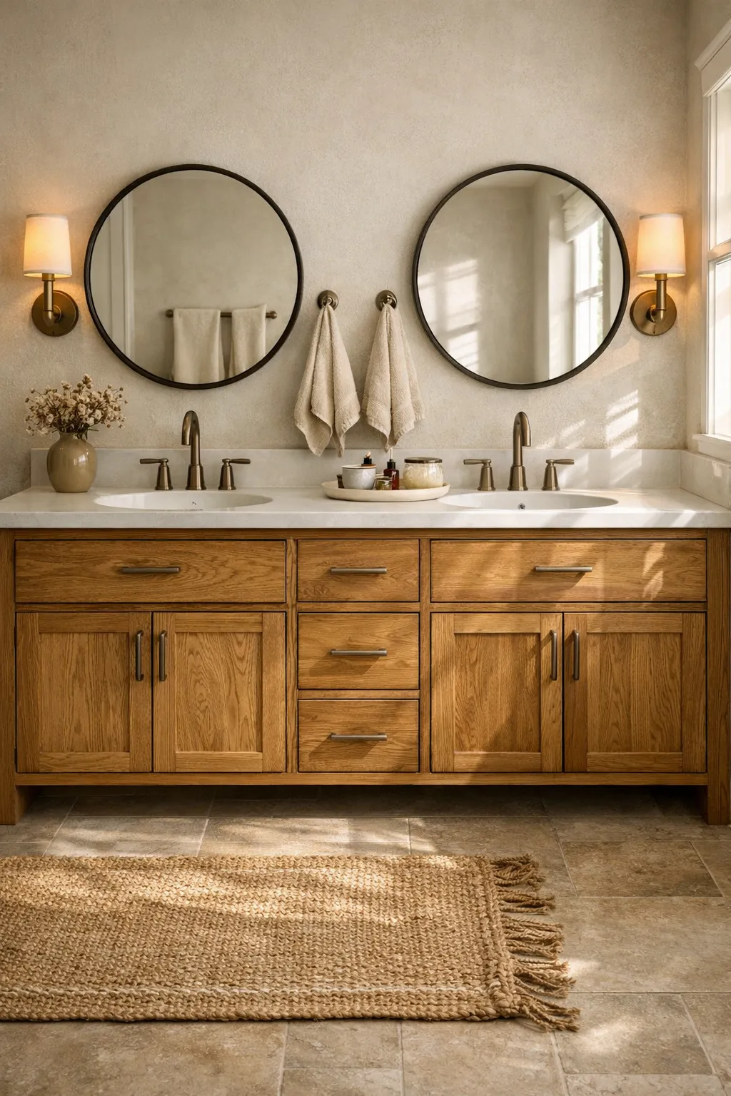 A spacious bathroom with a double sink vanity and warm wood cabinets.