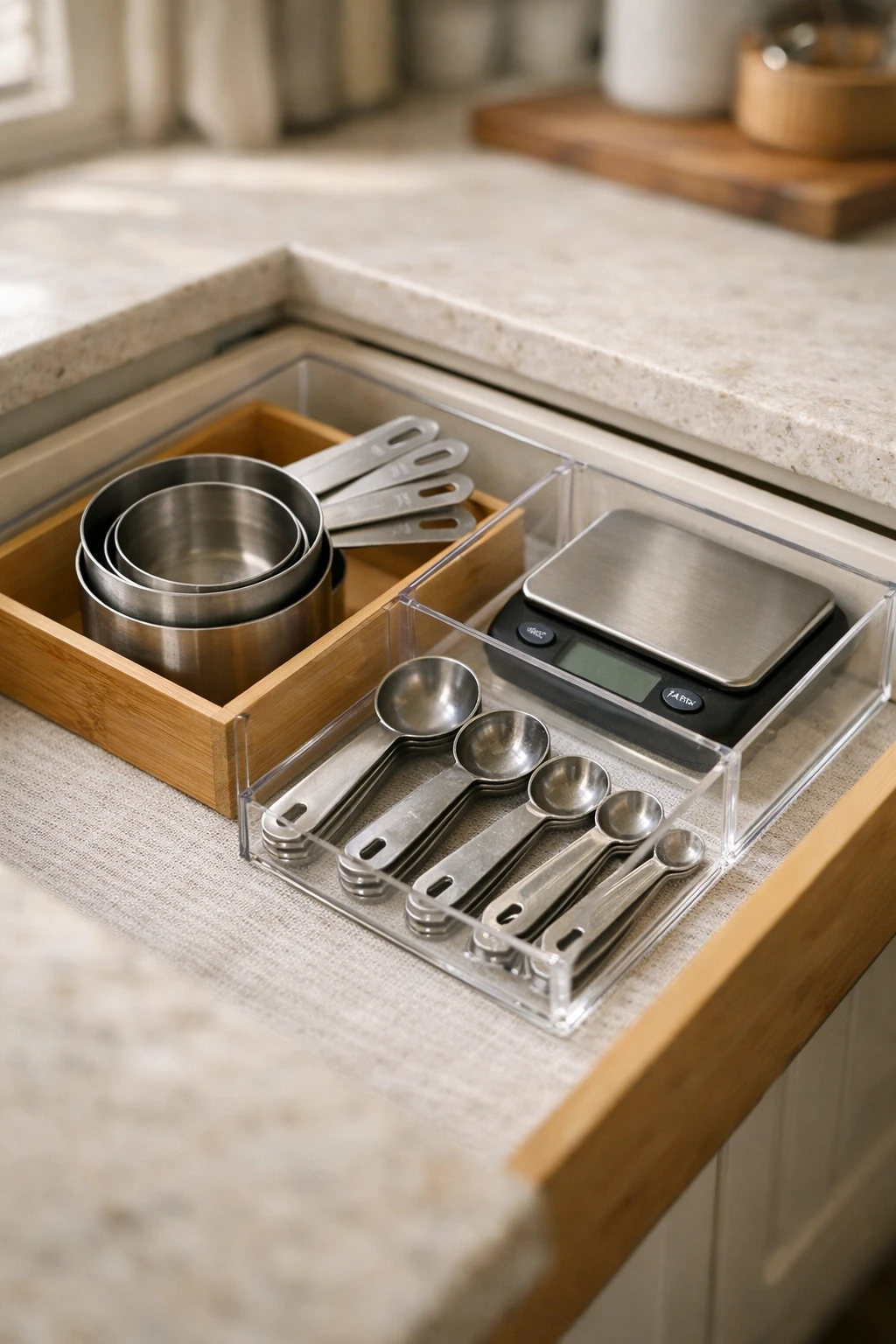 Kitchen drawer with measuring cups and measuring spoons arranged in organized compartments.