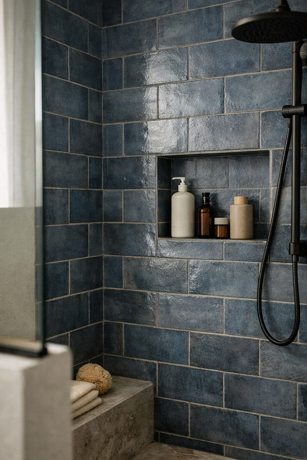 A bathroom shower with moody blue tile, subtle tonal variation, and natural soft light.