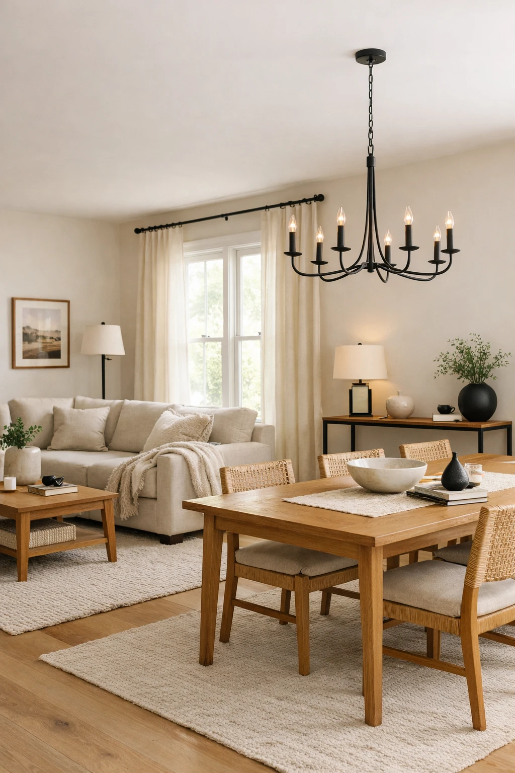 A connected room with black metal accents repeated in a chandelier, floor lamp, and curtain rod.