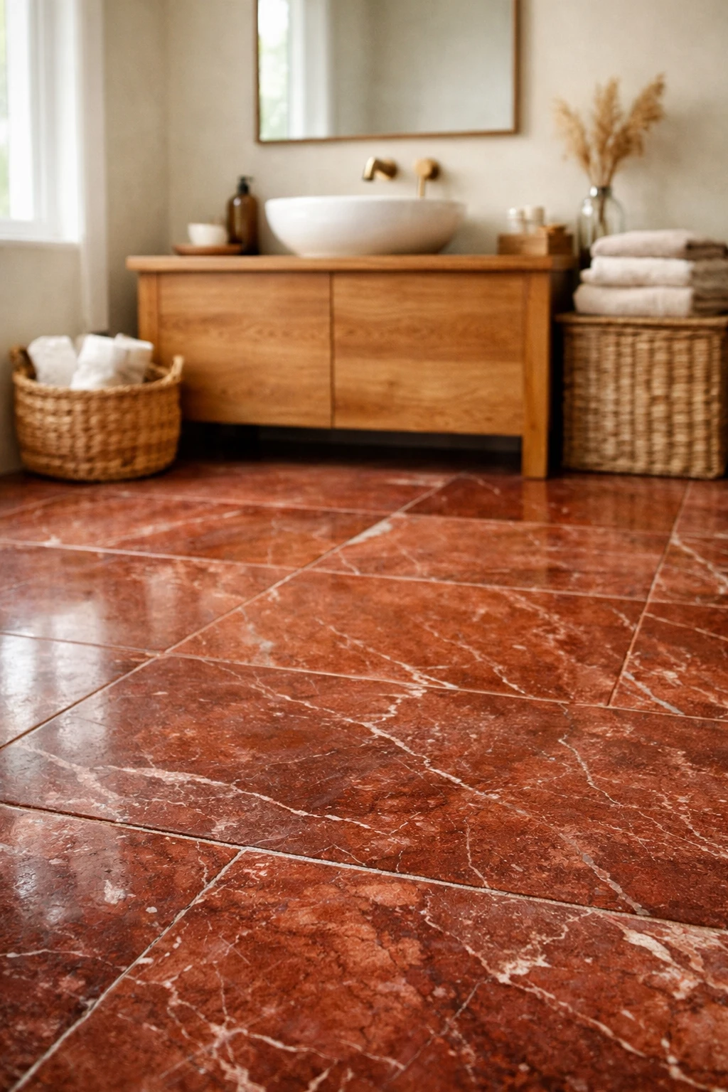 Bathroom interior featuring red marble tile flooring paired with light neutral walls.