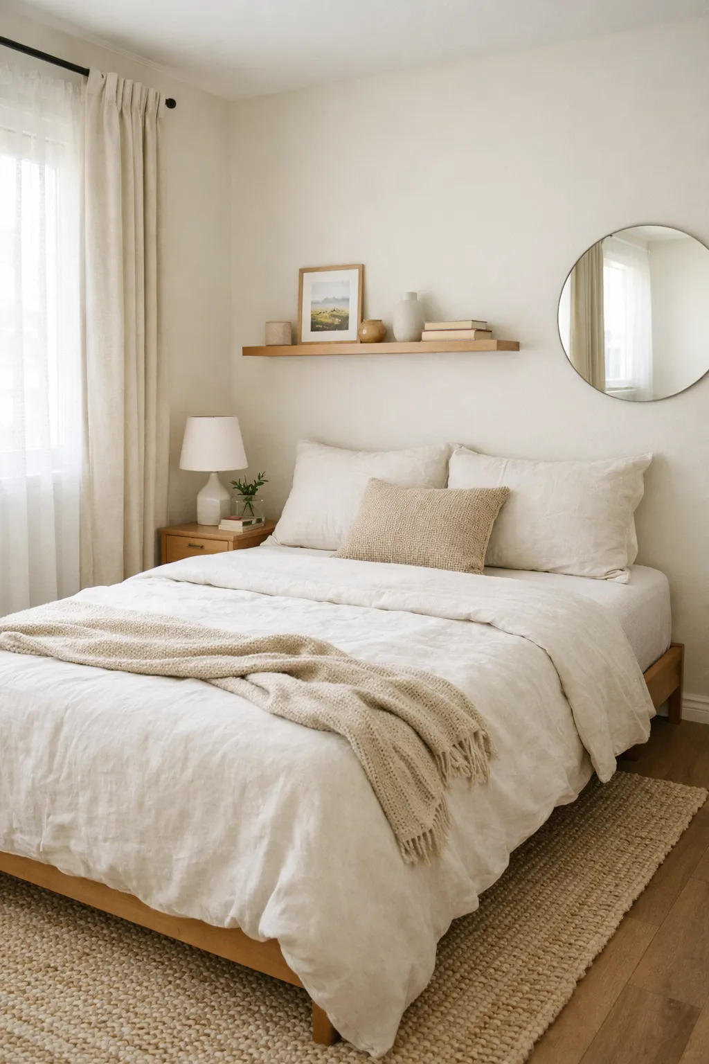 A small guest bedroom with a compact bed, floating shelf, light bedding, and an open airy layout.