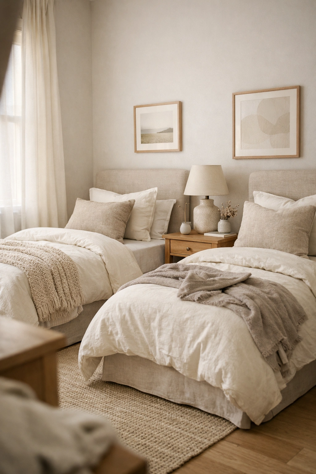 A soft neutral color palette makes this twin bed guest room feel calm, airy, and cozy.