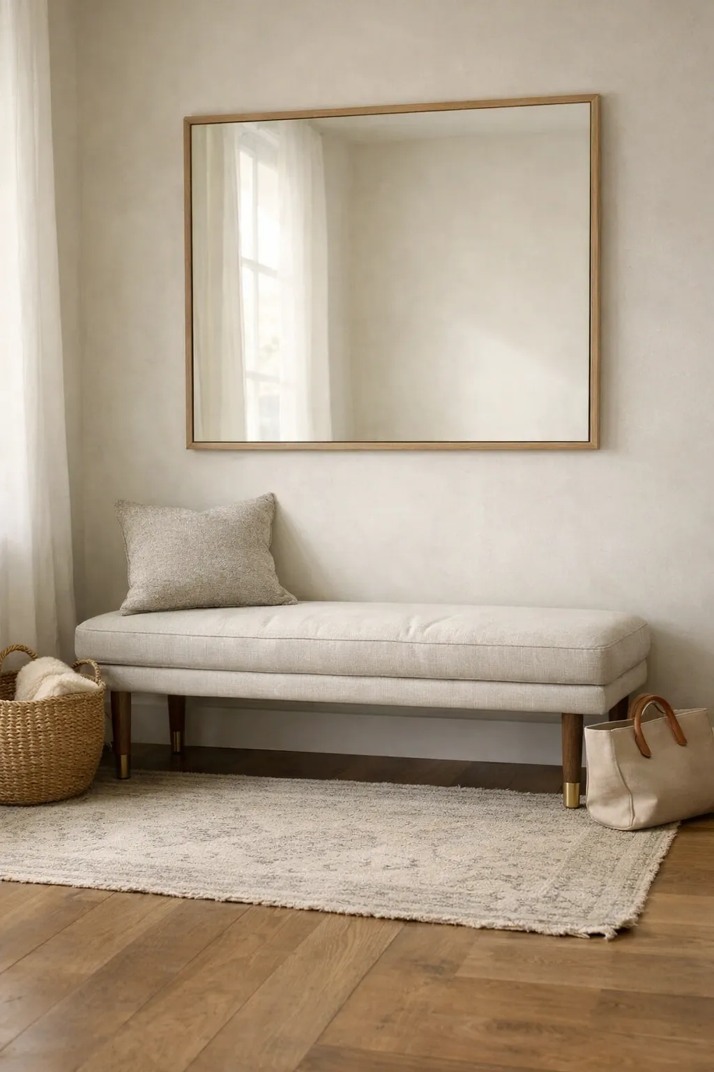 A soft upholstered bench in a polished front entryway with art, neutral lighting, and warm textures.