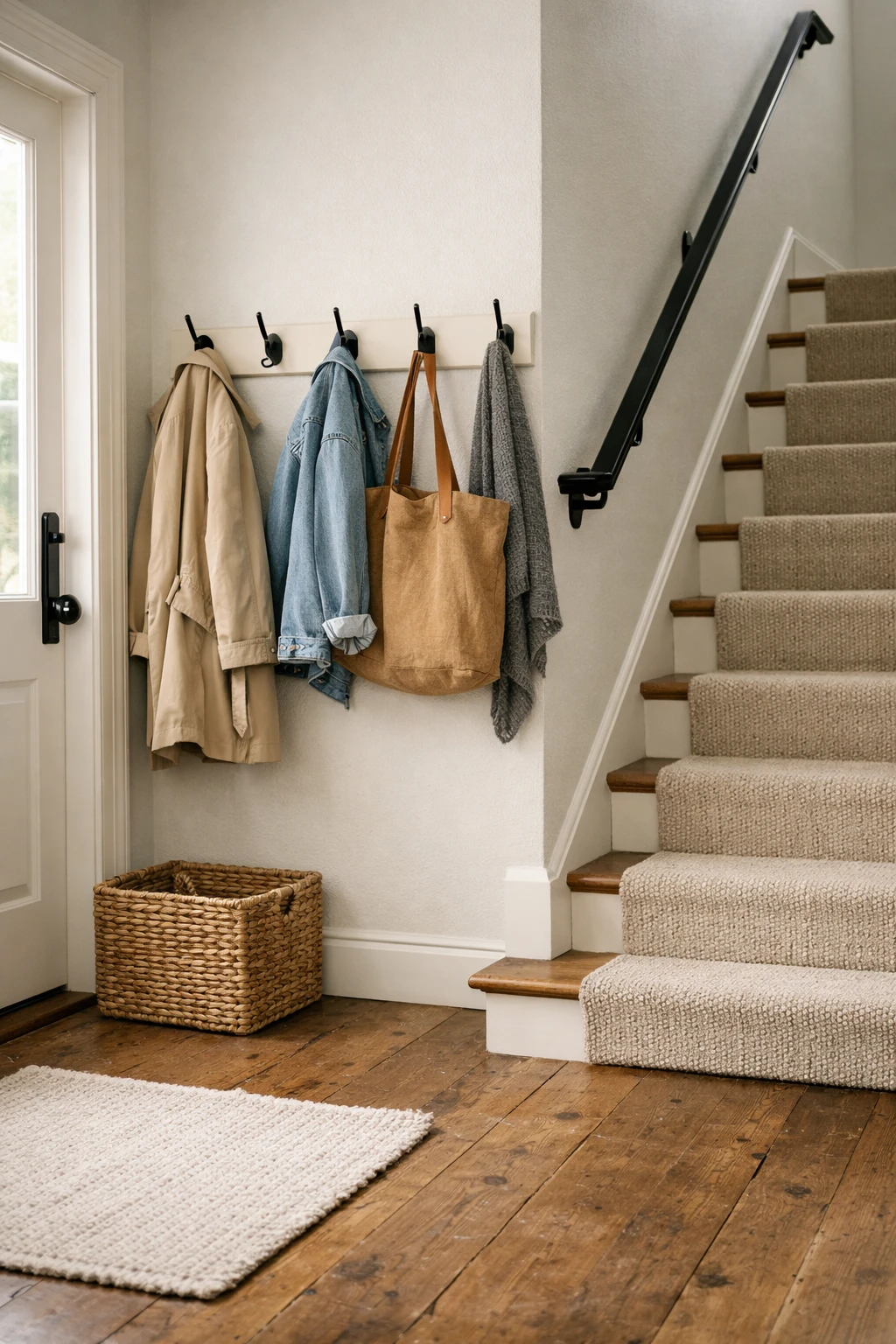 A narrow entry with stairs using wall hooks for coats and bags instead of a floor rack.