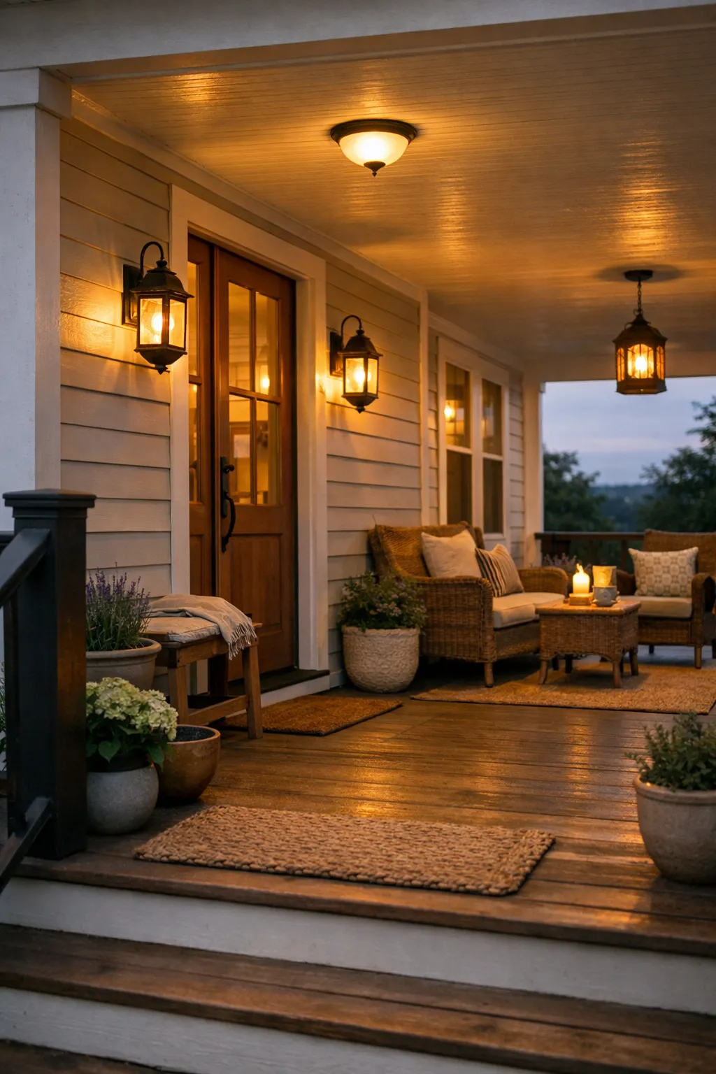 A double wide front porch with warm wall lanterns and cozy evening lighting around the entry.