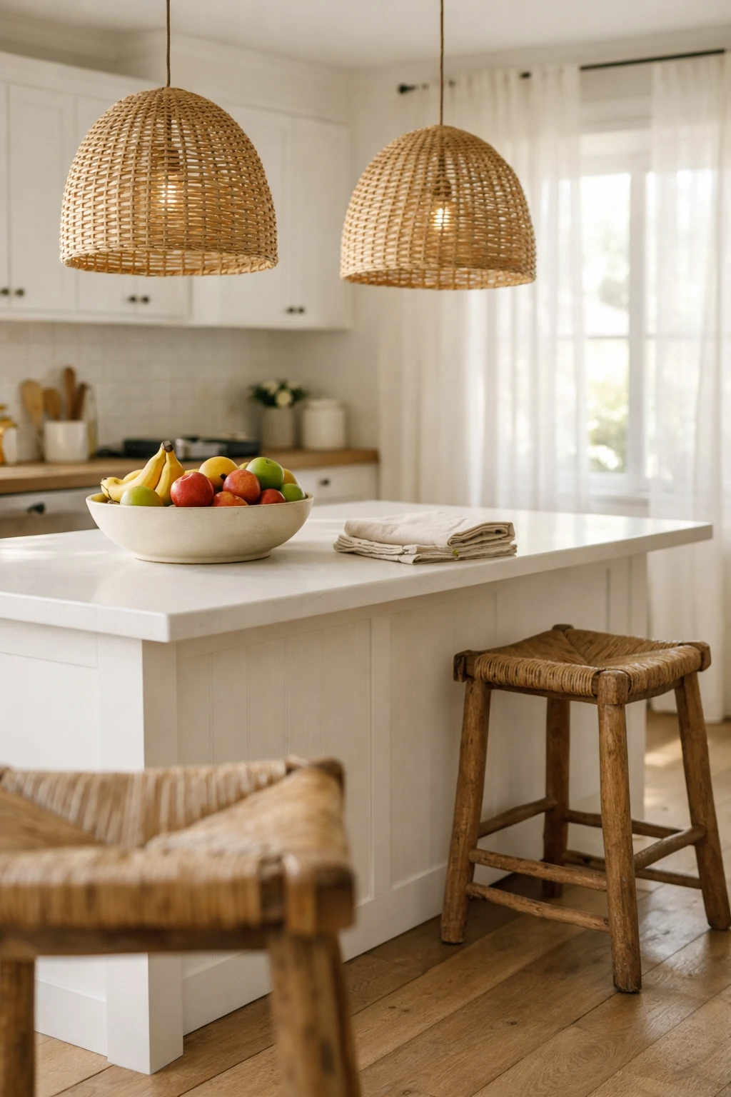 Rattan pendant lights above a light and airy kitchen island