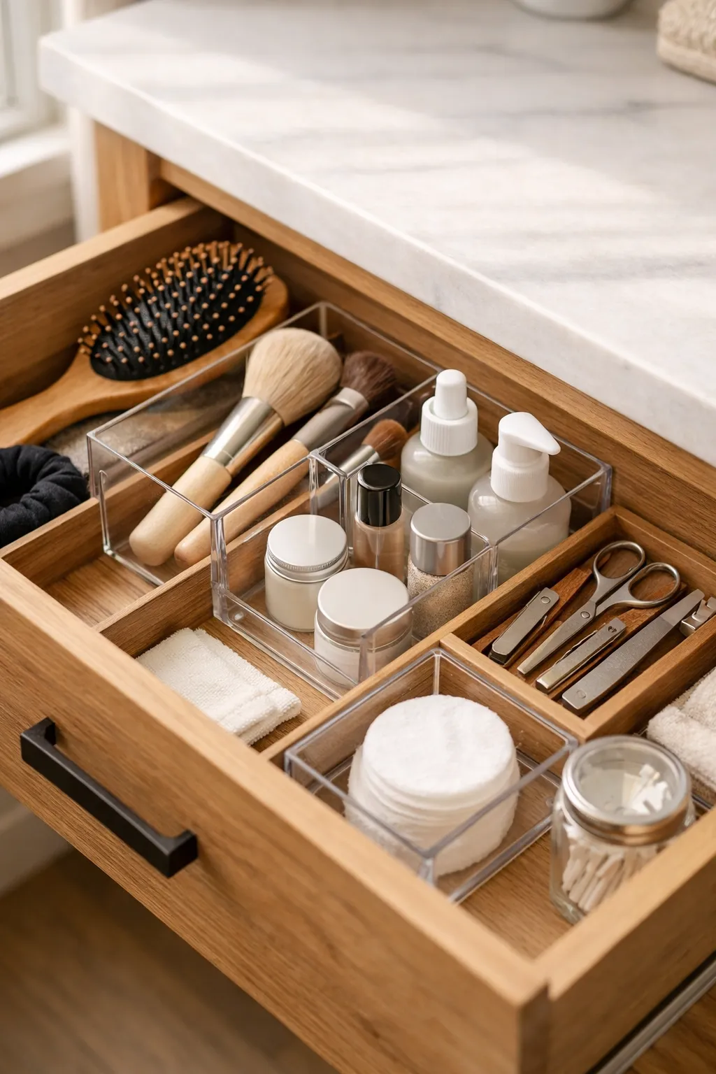 Bathroom drawer with organized compartments holding makeup, brushes, and toiletries.