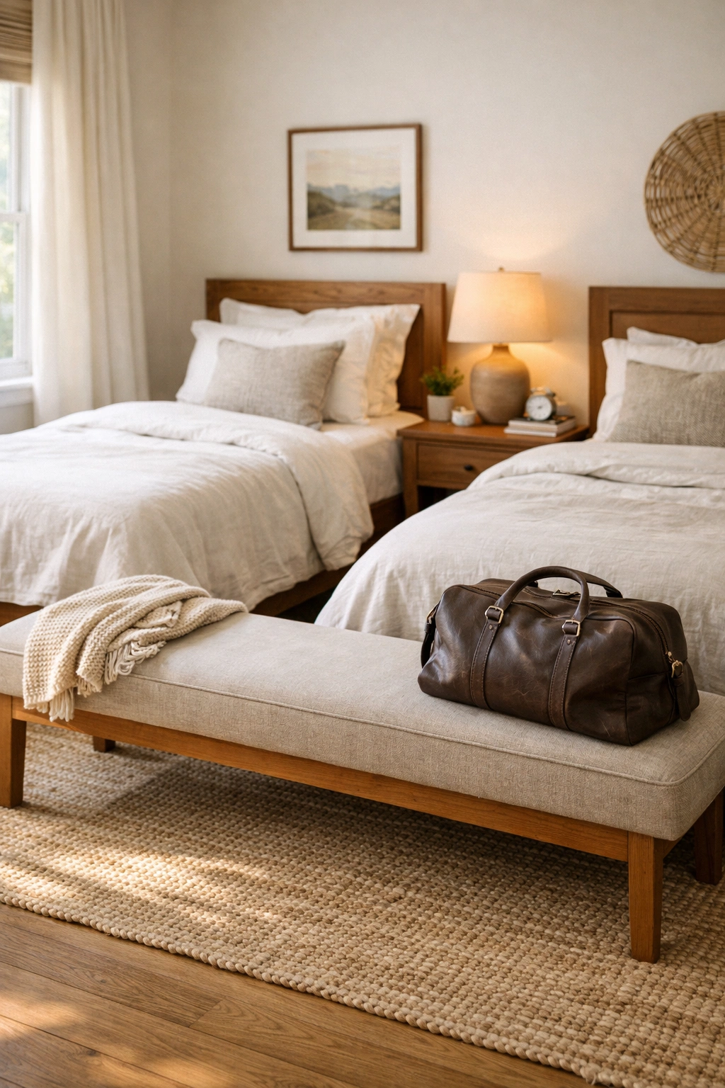 A bench placed at the foot of twin beds adds both comfort and function to a guest room.