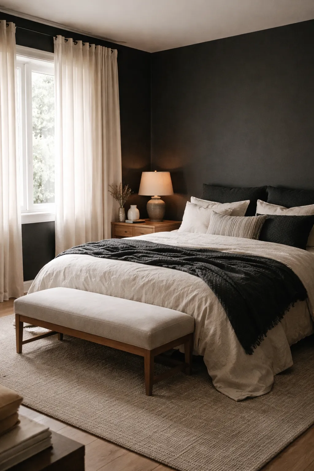 A moody black bedroom softened with cream bedding, curtains, and a neutral rug.