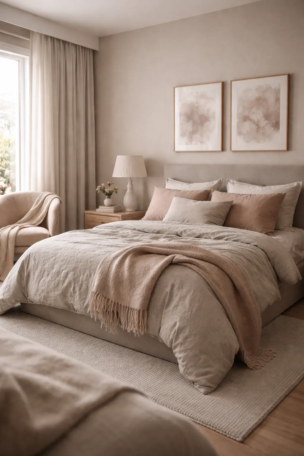 A soft bedroom with blush accents, taupe bedding, upholstered textures, and warm light.