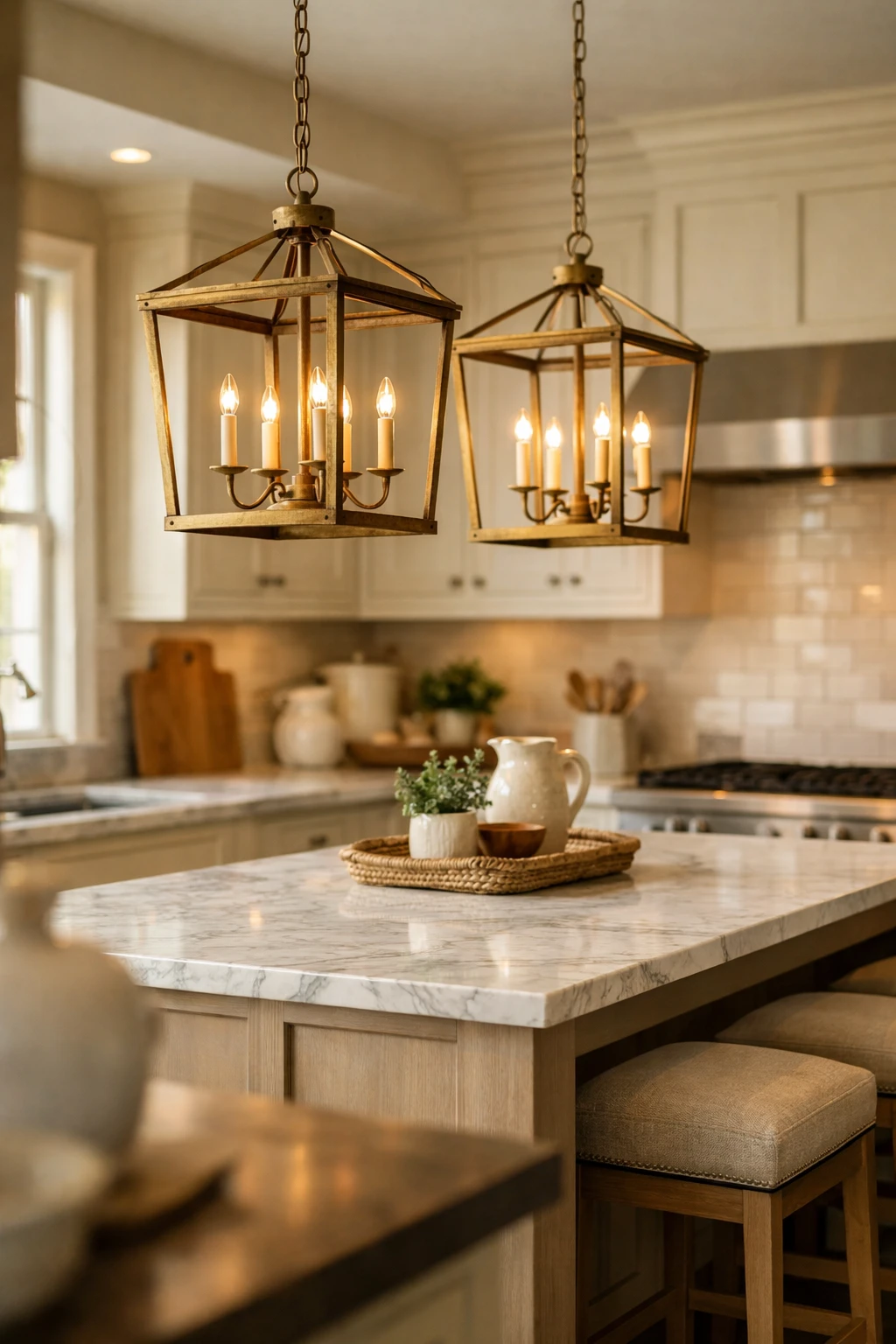 Warm brass lantern pendant lights over a marble kitchen island