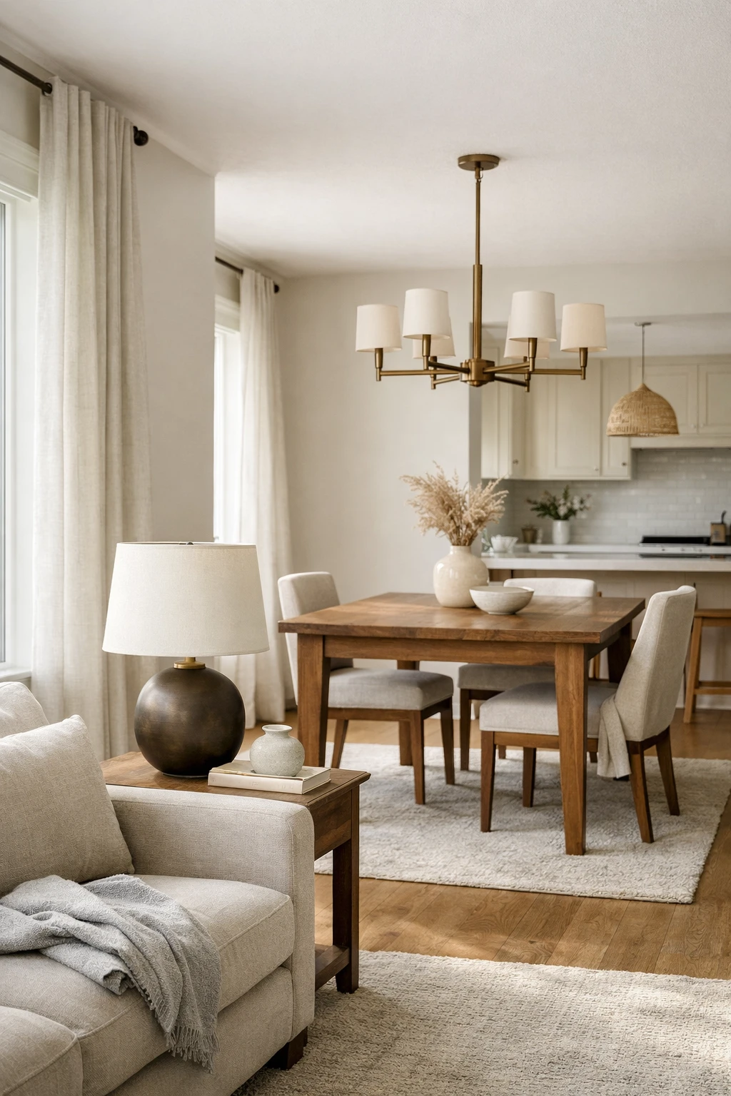 A living room and dining room with related light fixtures in the same finish and style family.