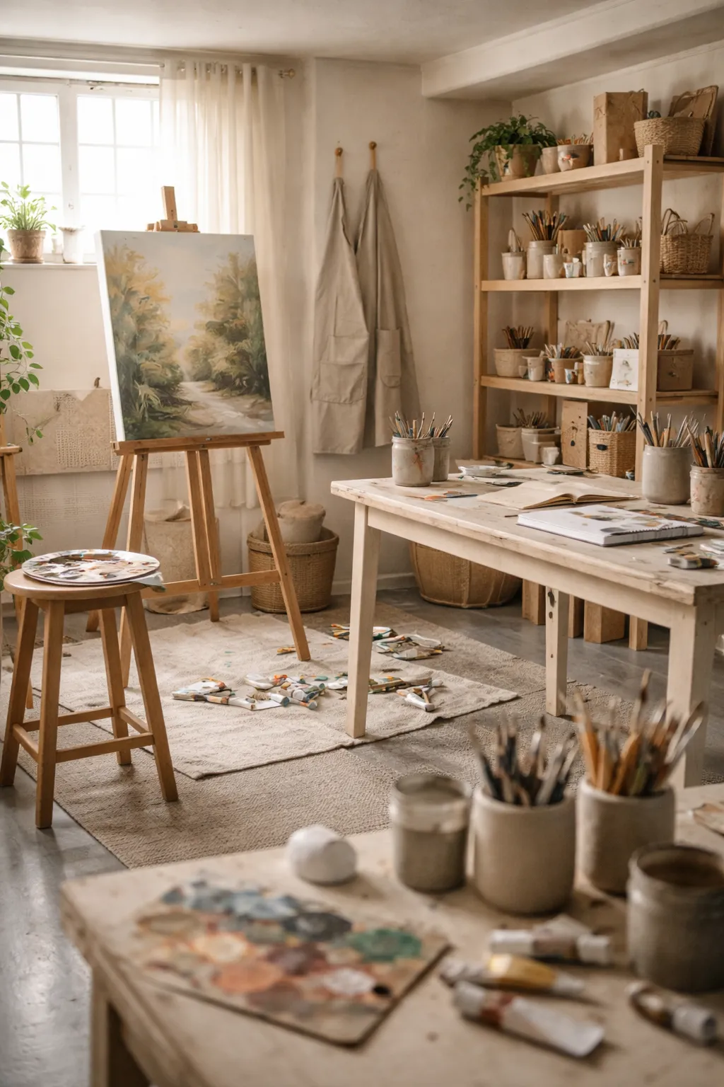 An Animal Crossing basement designed as an art studio with easels, tools, and neutral creative decor.