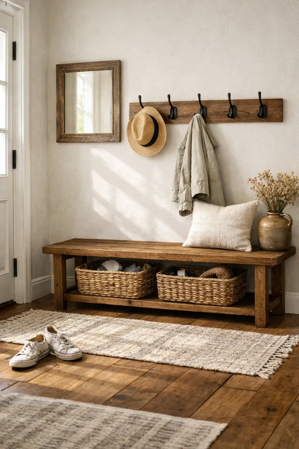 A farmhouse front entryway with a wooden bench, black hooks, woven baskets, and cozy neutral decor.