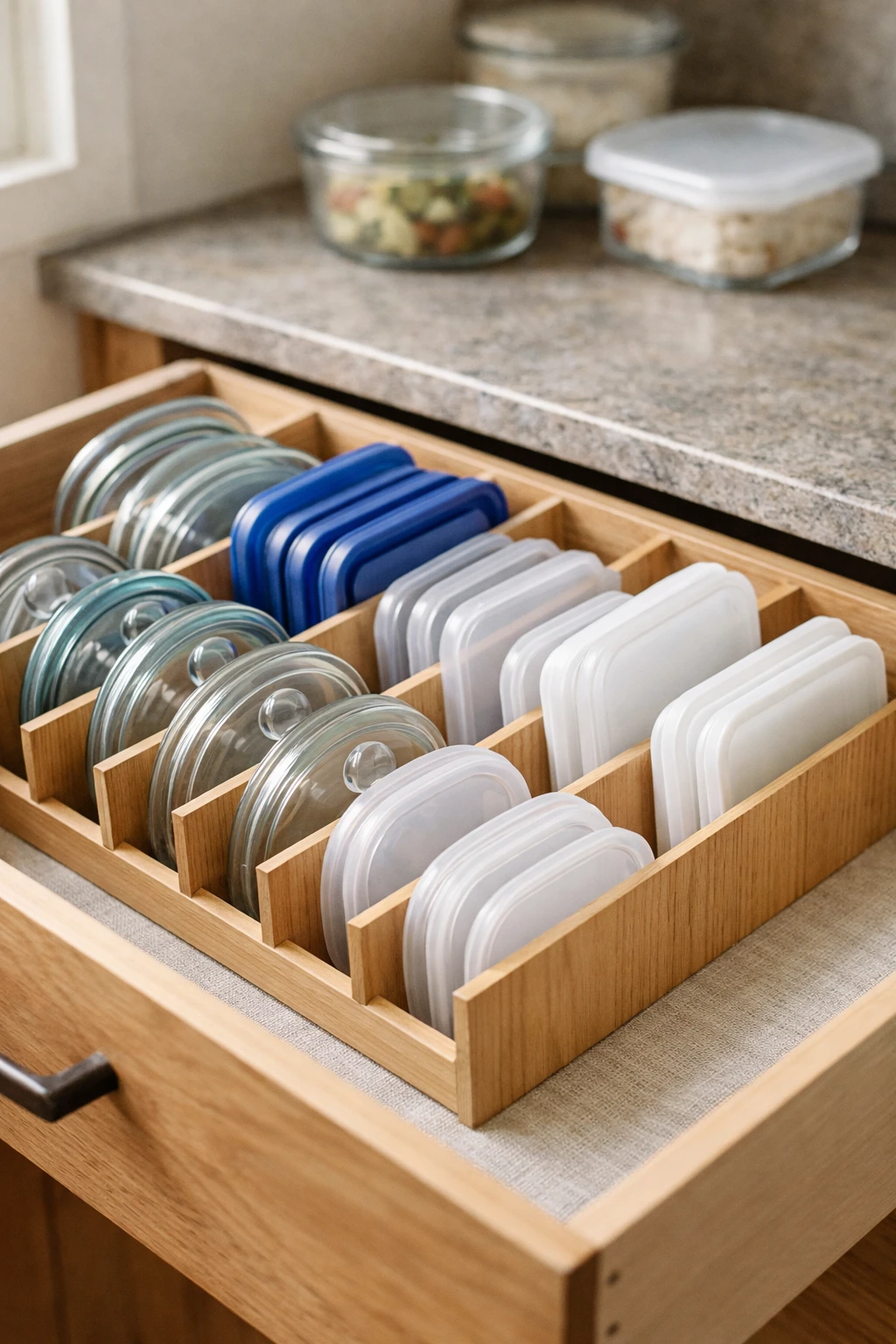 Kitchen drawer with container lids stored upright using dividers.