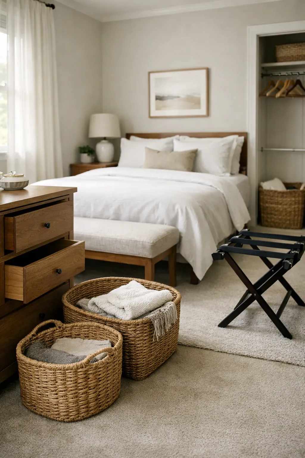 A guest bedroom with a dresser, luggage rack, woven basket, and open closet space for guests.
