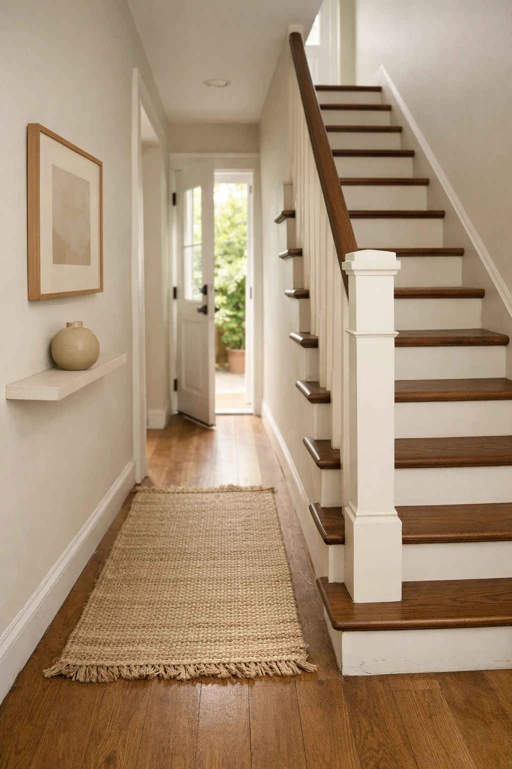 A narrow entryway with stairs painted in soft light neutral tones.