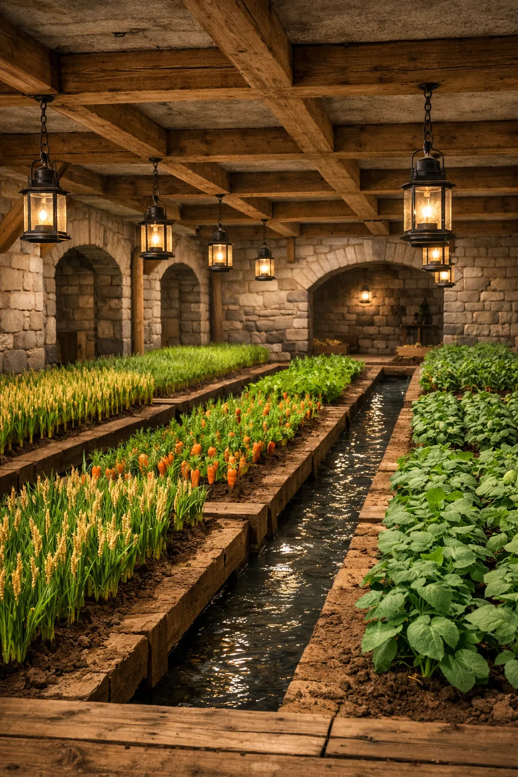 indoor Minecraft farm with crop rows and lantern lighting