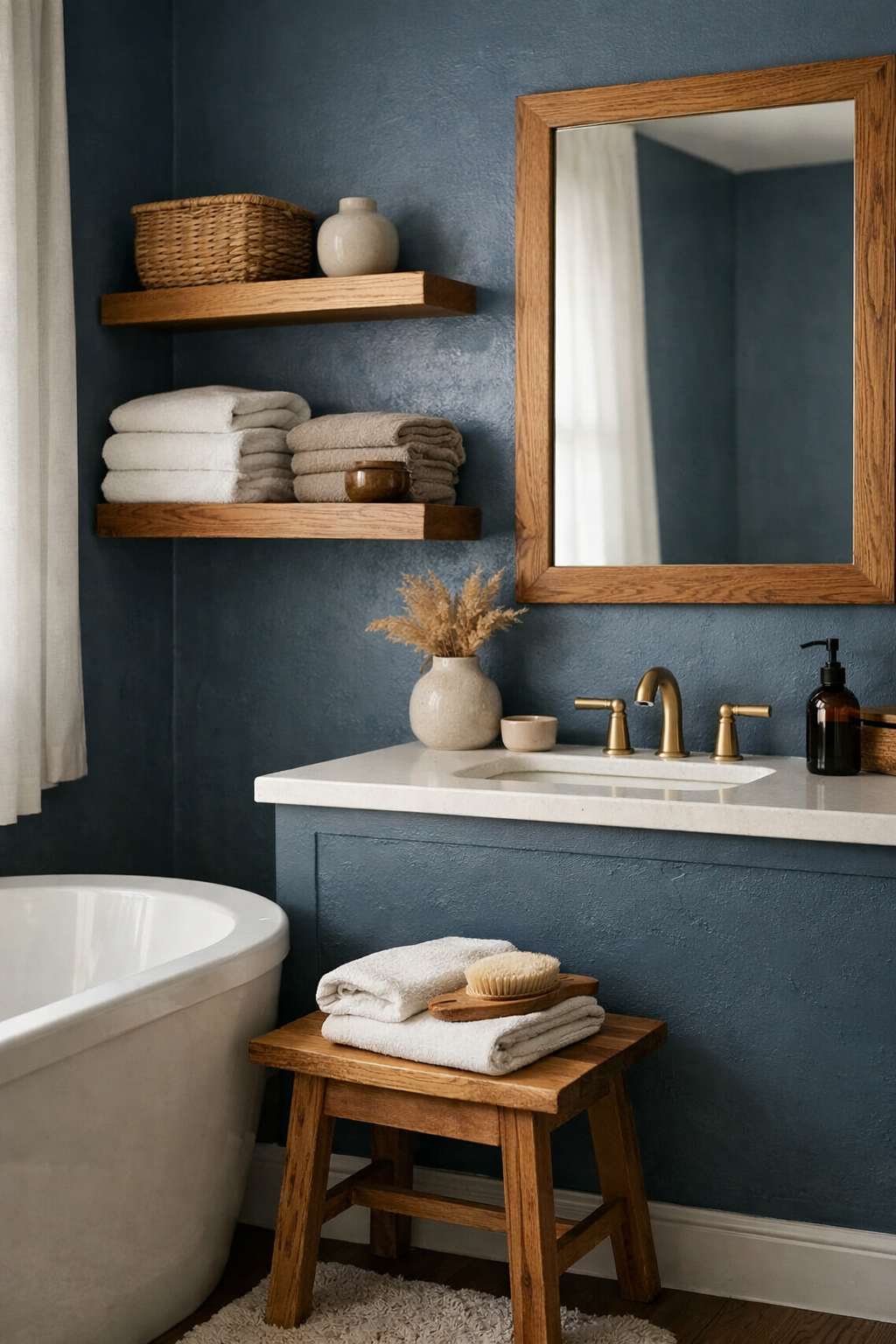 A moody blue bathroom with oak shelves, warm wood accents, and layered natural textures.