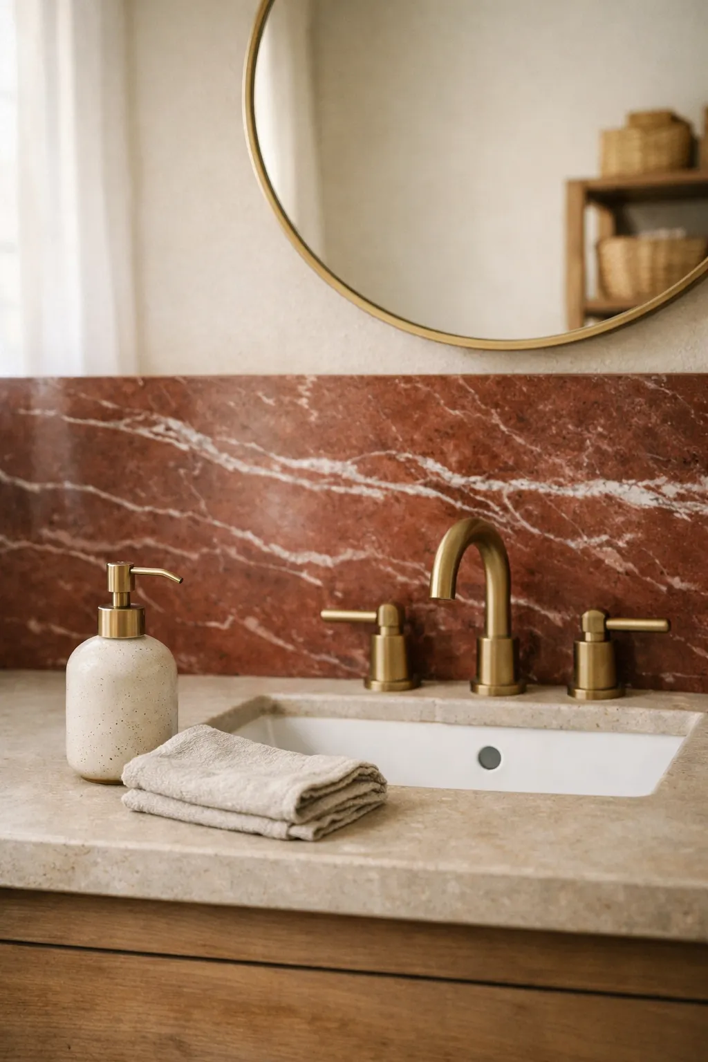 Bathroom vanity with a red marble backsplash slab behind a sink and mirror.