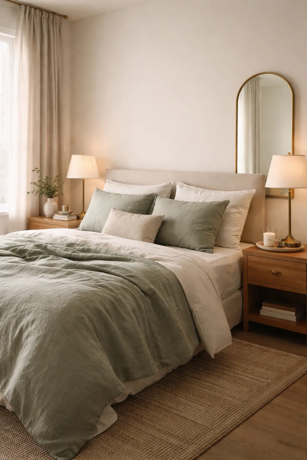A sage green bedroom featuring brass lamps, soft bedding, and warm natural light.