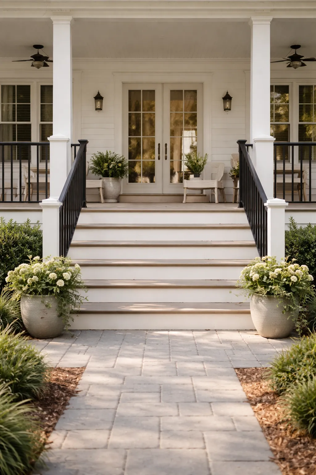 A double wide front porch with wide entry steps, planters, and coordinated railings leading up to the front door.